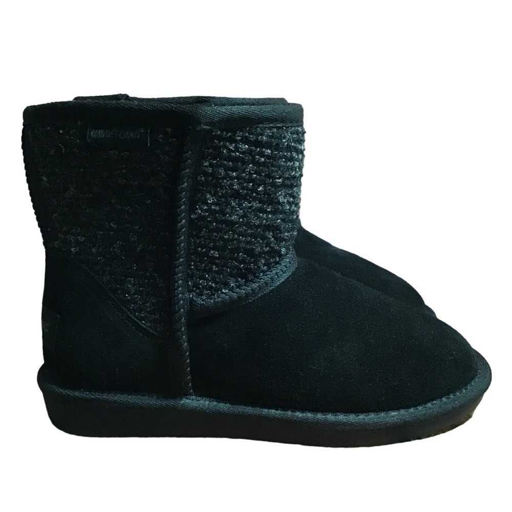Minnetonka Forsyth Boots Womens 6 M Black Suede Faux Fur Lined Ankle Pull On